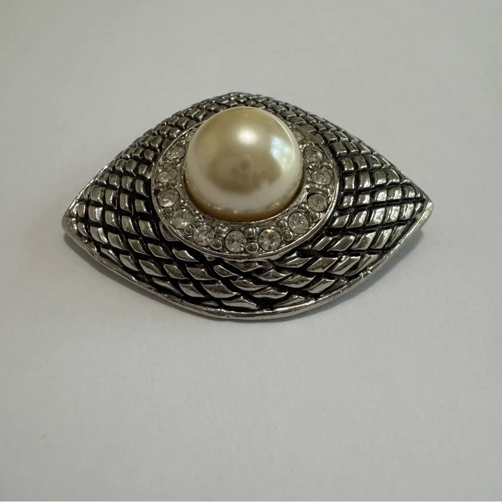 Vintage Faux Pearl Rhinestone Brooch Silver Tone Statement Bridal Scarf Coat Pin